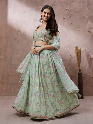Lime Green Organza Floral Printed Semi-Stitched Lehenga choli & Dupatta Clothsvilla