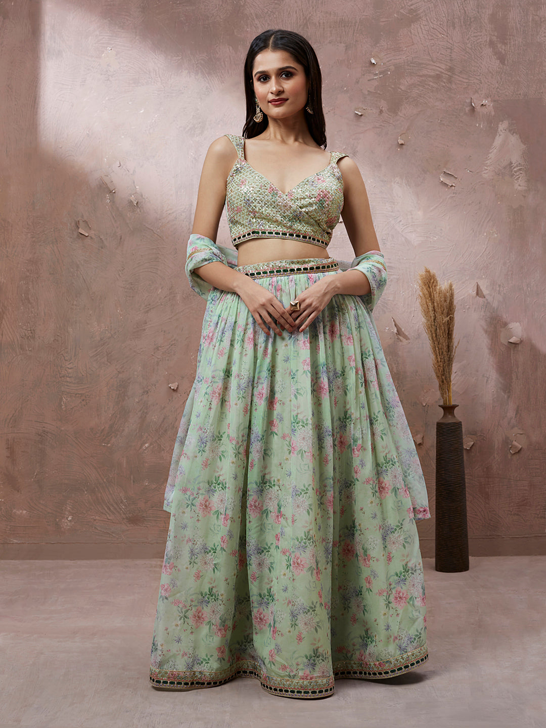 Lime Green Organza Floral Printed Semi-Stitched Lehenga choli & Dupatta Clothsvilla