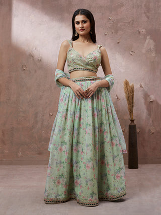 Lime Green Organza Floral Printed Semi-Stitched Lehenga choli & Dupatta Clothsvilla