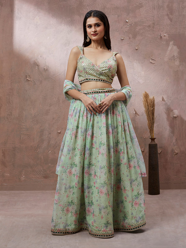 Lime Green Organza Floral Printed Semi-Stitched Lehenga choli & Dupatta Clothsvilla