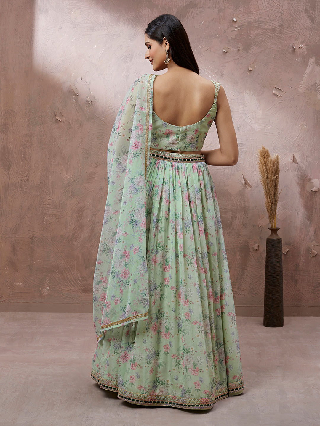 Lime Green Organza Floral Printed Semi-Stitched Lehenga choli & Dupatta Clothsvilla