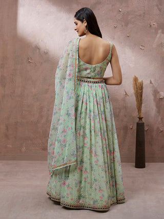 Lime Green Organza Floral Printed Semi-Stitched Lehenga choli & Dupatta Clothsvilla