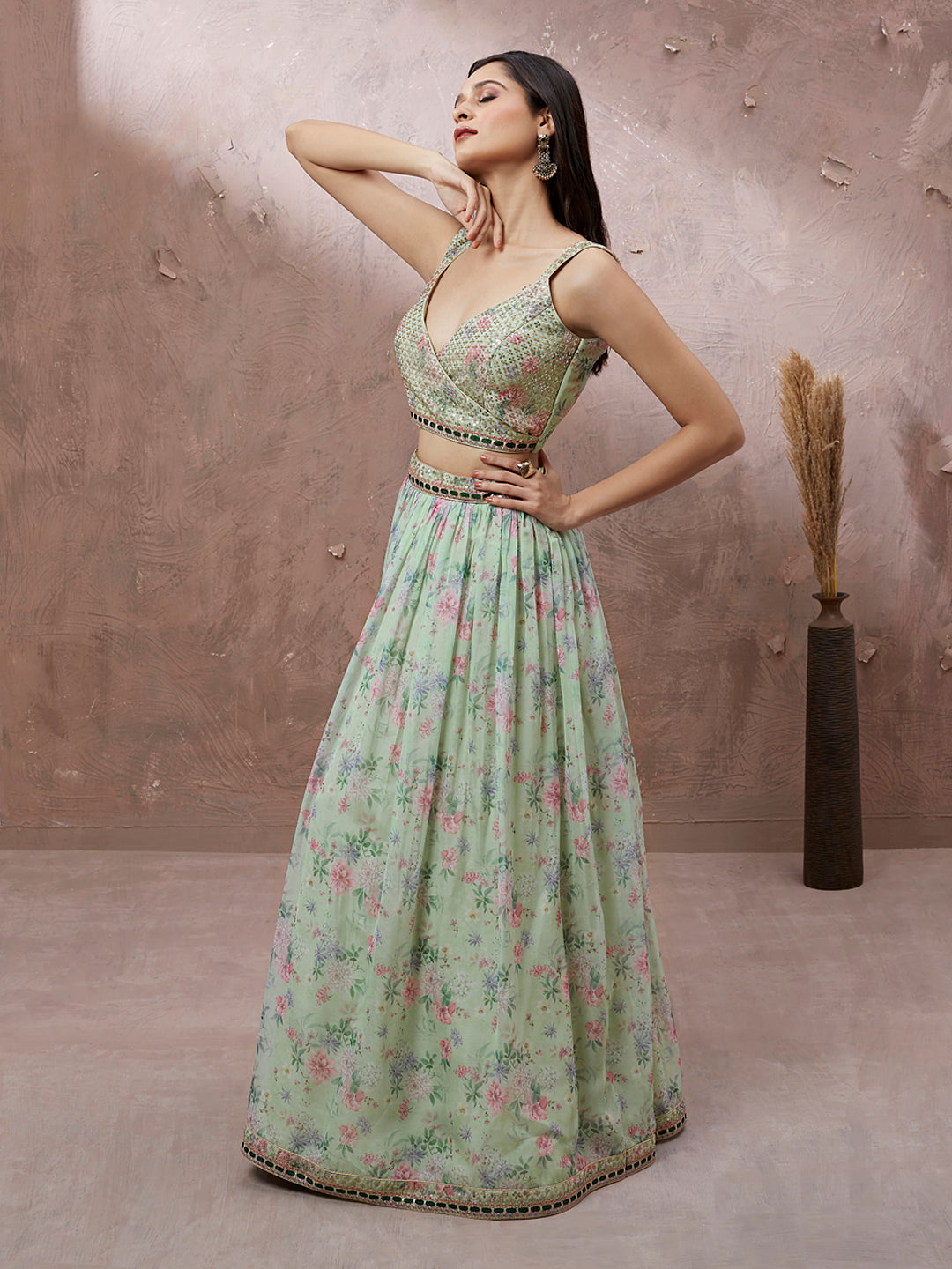 Lime Green Organza Floral Printed Semi-Stitched Lehenga choli & Dupatta Clothsvilla