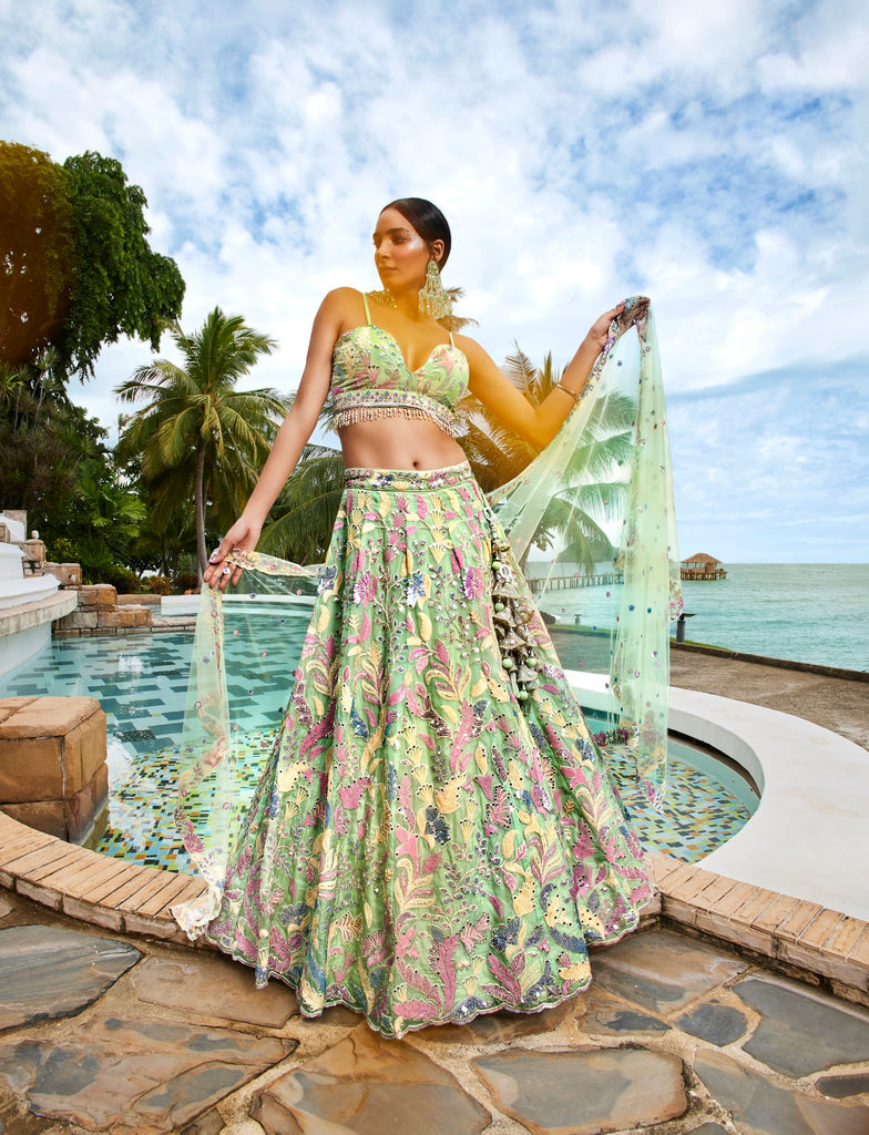 Lime Green Organza Sequins and Mirror embroidery Semi-Stitched Lehenga choli & Dupatta ClothsVilla