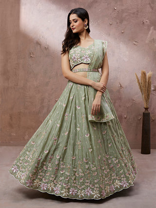 Lime Green Pure Georgette Sequins with heavy Zarkan embroidery Semi-Stitched Lehenga choli & Dupatta ClothsVilla