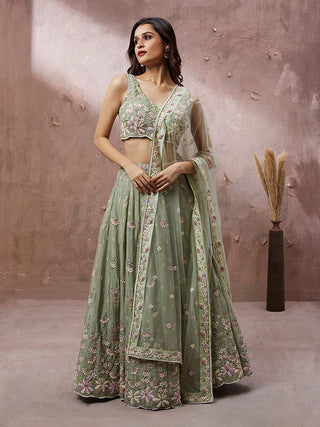 Lime Green Pure Georgette Sequins with heavy Zarkan embroidery Semi-Stitched Lehenga choli & Dupatta ClothsVilla