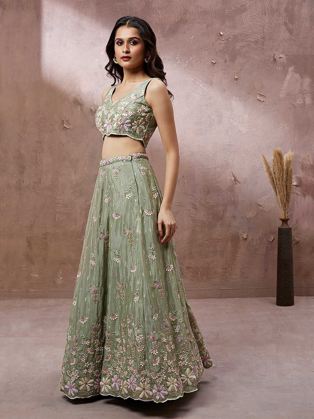 Lime Green Pure Georgette Sequins with heavy Zarkan embroidery Semi-Stitched Lehenga choli & Dupatta ClothsVilla
