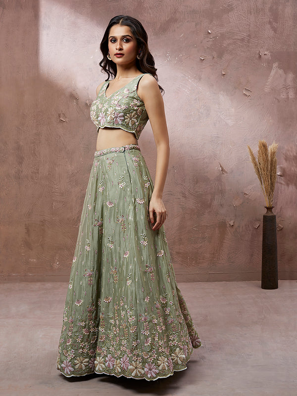 Lime Green Pure Georgette Sequins with heavy Zarkan embroidery Semi-Stitched Lehenga choli & Dupatta ClothsVilla