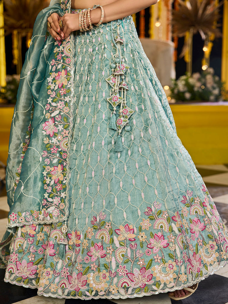 Lime Green Satin Silk Sequins & Embroidery Lehenga Choli with Ethnic Dupatta – 4 Meter Flair, Fully Stitched ClothsVilla