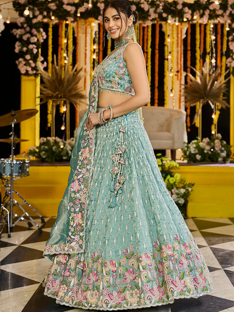 Lime Green Satin Silk Sequins & Embroidery Lehenga Choli with Ethnic Dupatta – 4 Meter Flair, Fully Stitched ClothsVilla