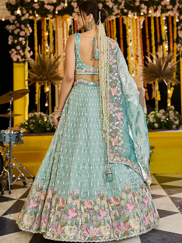 Lime Green Satin Silk Sequins & Embroidery Lehenga Choli with Ethnic Dupatta – 4 Meter Flair, Fully Stitched ClothsVilla