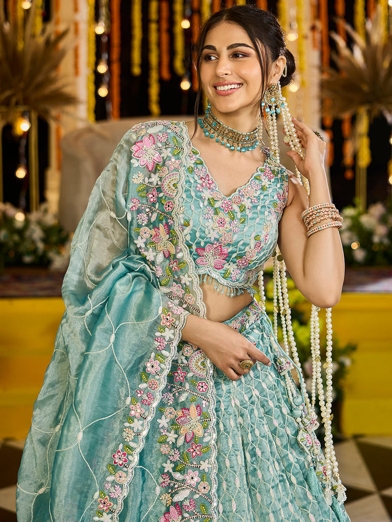 Lime Green Satin Silk Sequins & Embroidery Lehenga Choli with Ethnic Dupatta – 4 Meter Flair, Fully Stitched ClothsVilla