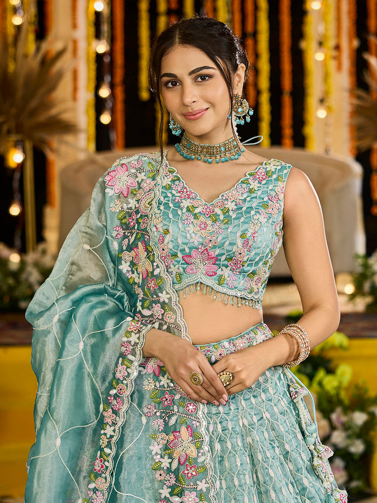 Lime Green Satin Silk Sequins & Embroidery Lehenga Choli with Ethnic Dupatta – 4 Meter Flair, Fully Stitched ClothsVilla
