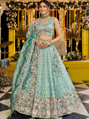 Lime Green Satin Silk Sequins & Embroidery Lehenga Choli with Ethnic Dupatta – 4 Meter Flair, Fully Stitched ClothsVilla