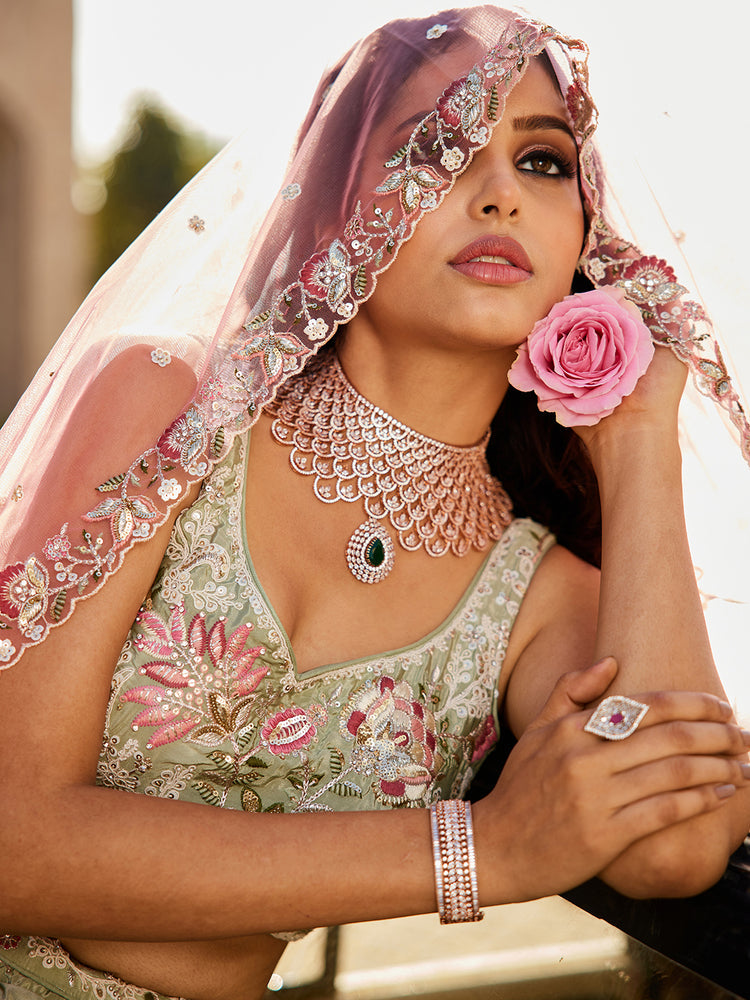 Lime green Satin Silk Sequins embroidery Semi-Stitched Lehenga choli & Dupatta ClothsVilla