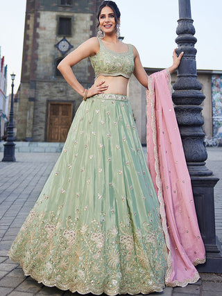 Lime Green Satin Silk Sequins embroidery Semi-Stitched Lehenga choli & Dupatta Clothsvilla