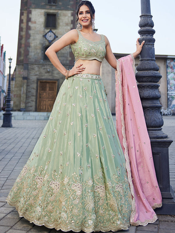 Lime Green Satin Silk Sequins embroidery Semi-Stitched Lehenga choli & Dupatta Clothsvilla