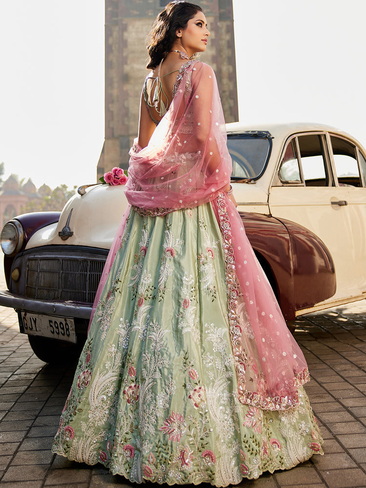 Lime green Satin Silk Sequins embroidery Semi-Stitched Lehenga choli & Dupatta ClothsVilla