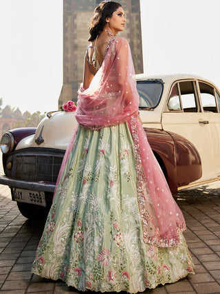 Lime green Satin Silk Sequins embroidery Semi-Stitched Lehenga choli & Dupatta ClothsVilla