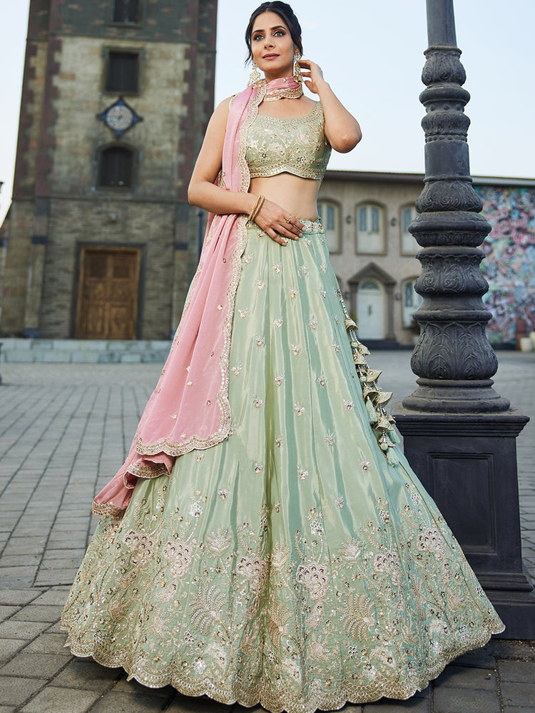 Lime Green Satin Silk Sequins embroidery Semi-Stitched Lehenga choli & Dupatta Clothsvilla Main image