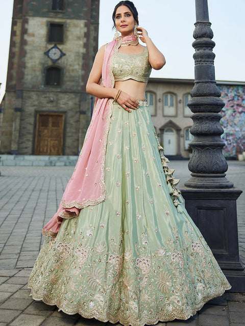Lime Green Satin Silk Sequins embroidery Semi-Stitched Lehenga choli & Dupatta Clothsvilla Main image