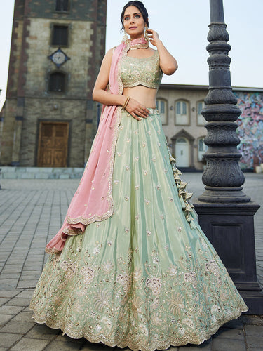 Lime Green Satin Silk Sequins embroidery Semi-Stitched Lehenga choli & Dupatta Clothsvilla