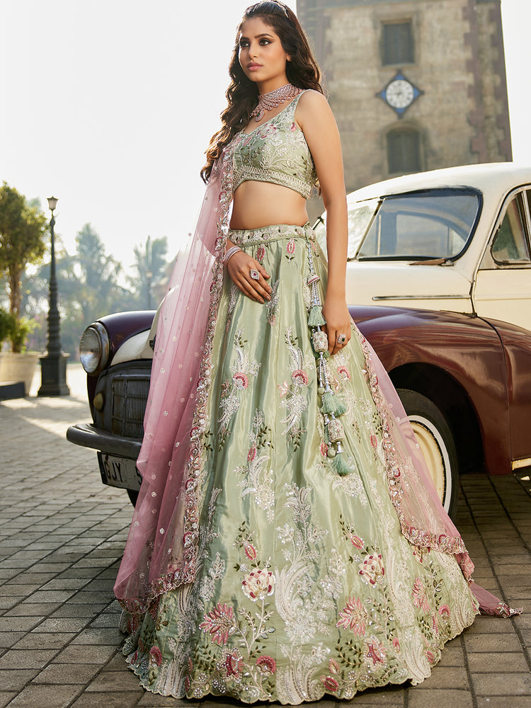Lime green Satin Silk Sequins embroidery Semi-Stitched Lehenga choli & Dupatta ClothsVilla