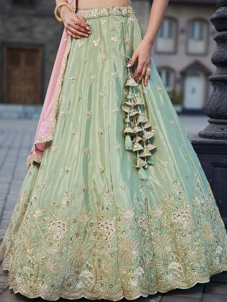Lime Green Satin Silk Sequins embroidery Semi-Stitched Lehenga choli & Dupatta Clothsvilla