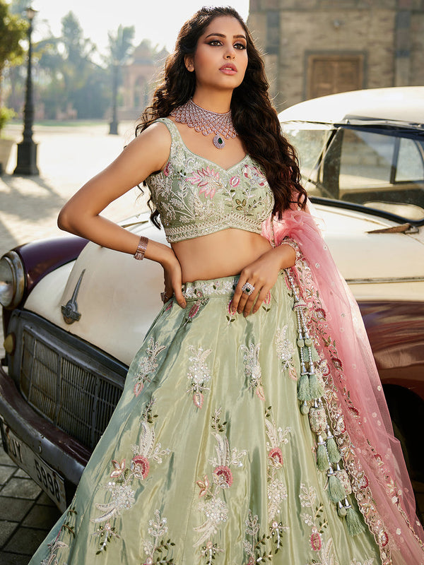Lime green Satin Silk Sequins embroidery Semi-Stitched Lehenga choli & Dupatta ClothsVilla