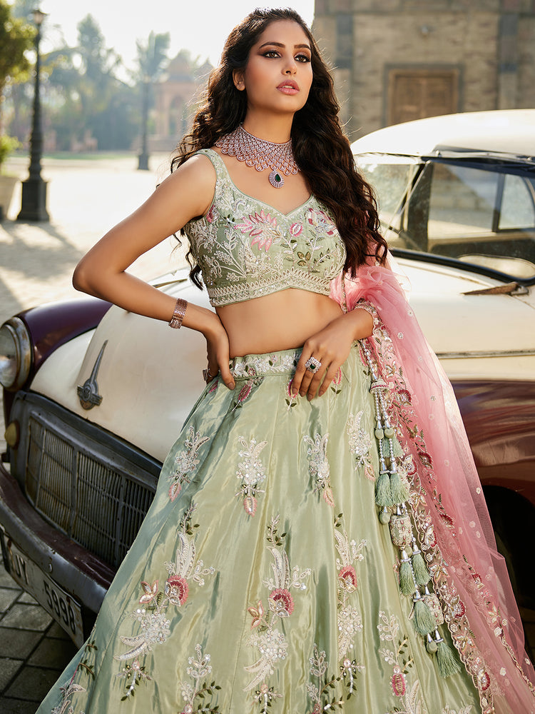 Lime green Satin Silk Sequins embroidery Semi-Stitched Lehenga choli & Dupatta ClothsVilla