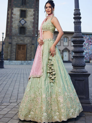 Lime Green Satin Silk Sequins embroidery Semi-Stitched Lehenga choli & Dupatta Clothsvilla