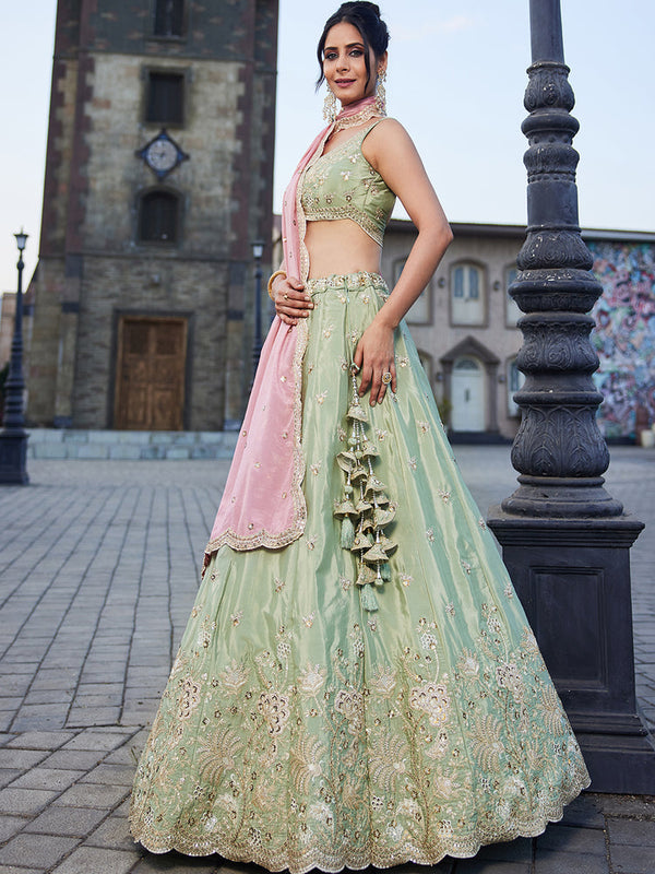 Lime Green Satin Silk Sequins embroidery Semi-Stitched Lehenga choli & Dupatta Clothsvilla