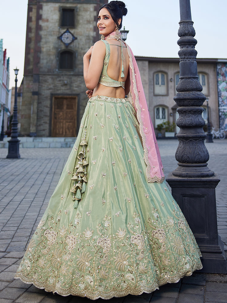 Lime Green Satin Silk Sequins embroidery Semi-Stitched Lehenga choli & Dupatta Clothsvilla