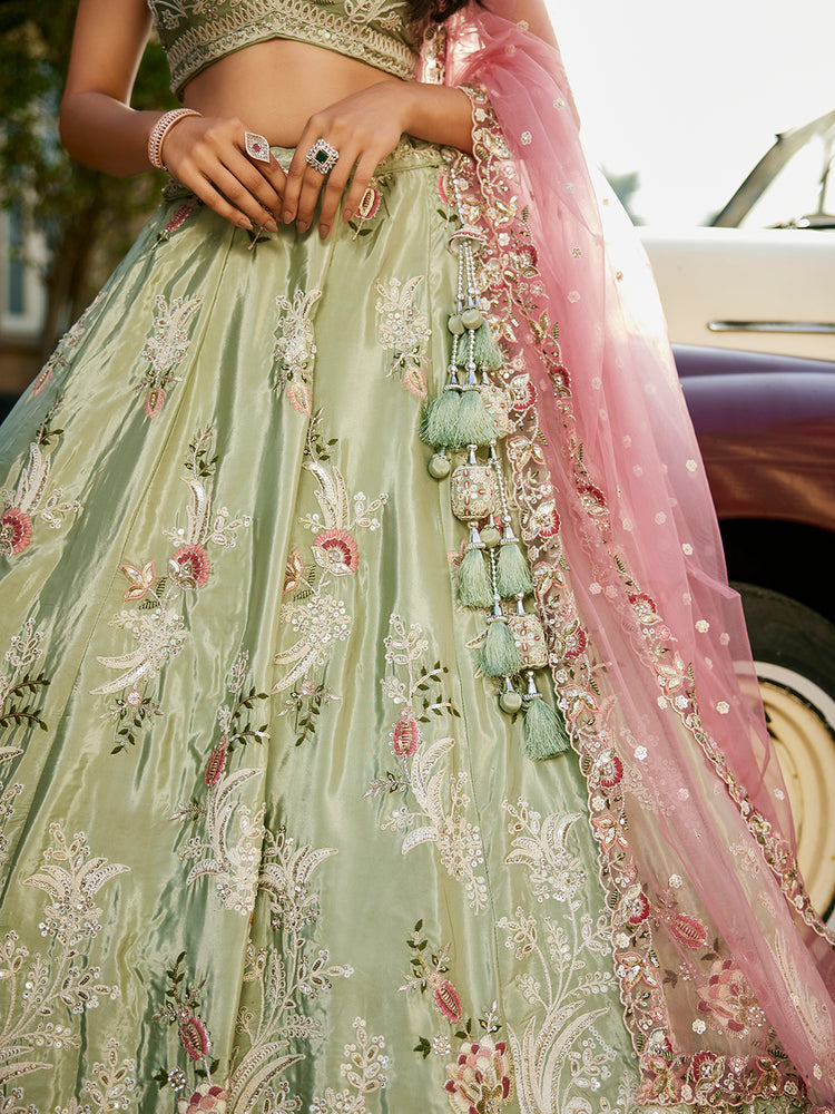 Lime green Satin Silk Sequins embroidery Semi-Stitched Lehenga choli & Dupatta ClothsVilla
