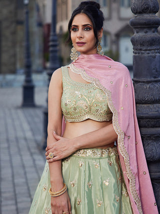 Lime Green Satin Silk Sequins embroidery Semi-Stitched Lehenga choli & Dupatta Clothsvilla