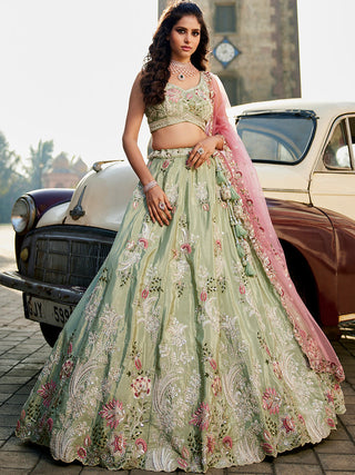Lime green Satin Silk Sequins embroidery Semi-Stitched Lehenga choli & Dupatta ClothsVilla