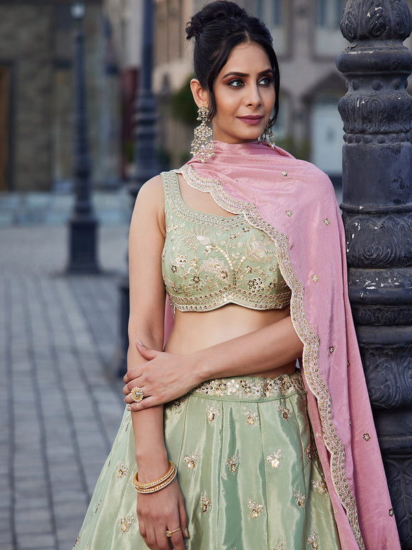 Lime Green Satin Silk Sequins embroidery Semi-Stitched Lehenga choli & Dupatta Clothsvilla