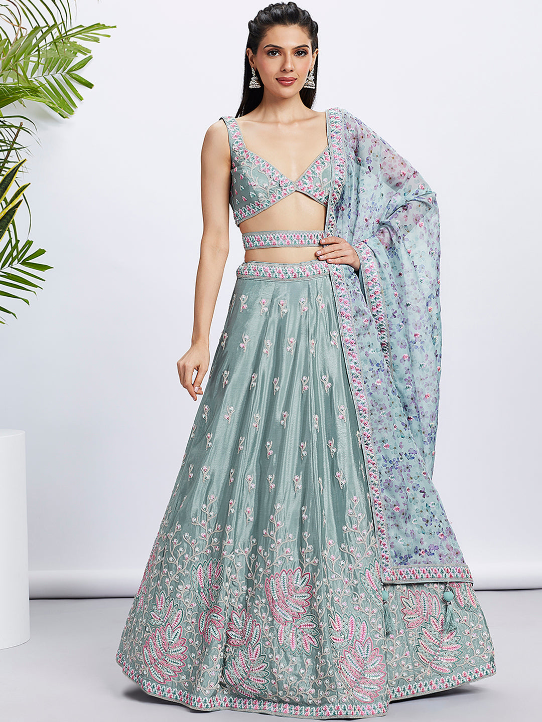 Lime Green Sequin Sparkle Lehenga Choli Set with Thread Embroidery ClothsVilla