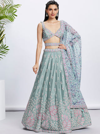 Lime Green Sequin Sparkle Lehenga Choli Set with Thread Embroidery ClothsVilla
