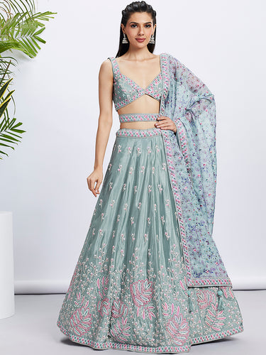 Lime Green Sequin Sparkle Lehenga Choli Set with Thread Embroidery ClothsVilla