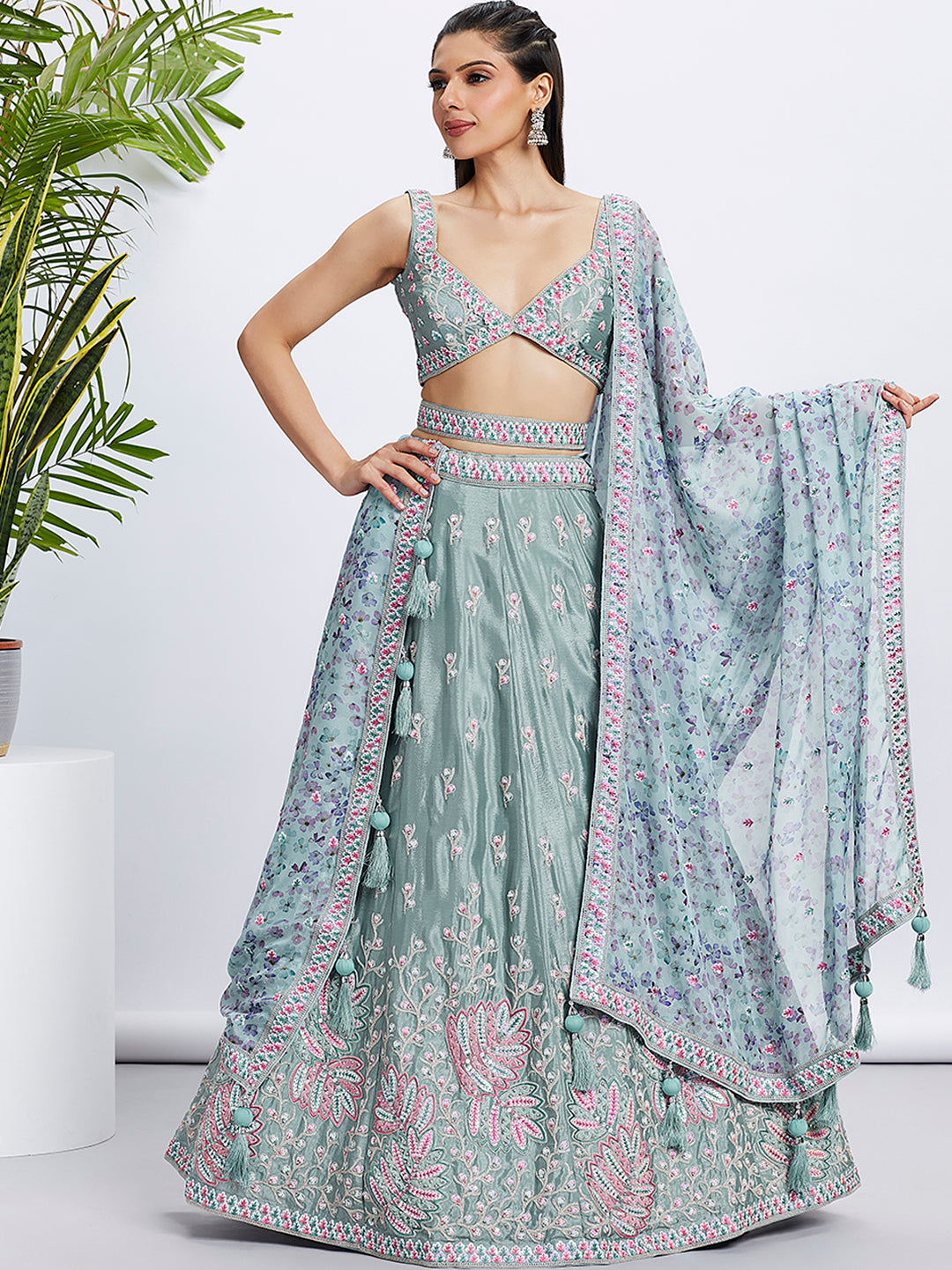 Lime Green Sequin Sparkle Lehenga Choli Set with Thread Embroidery ClothsVilla