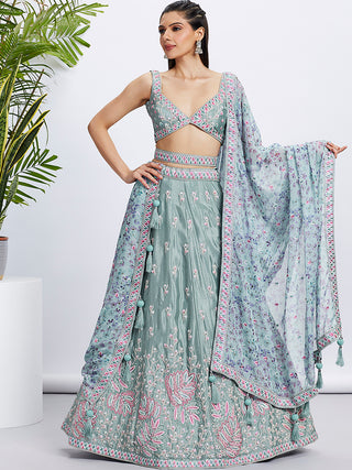 Lime Green Sequin Sparkle Lehenga Choli Set with Thread Embroidery ClothsVilla