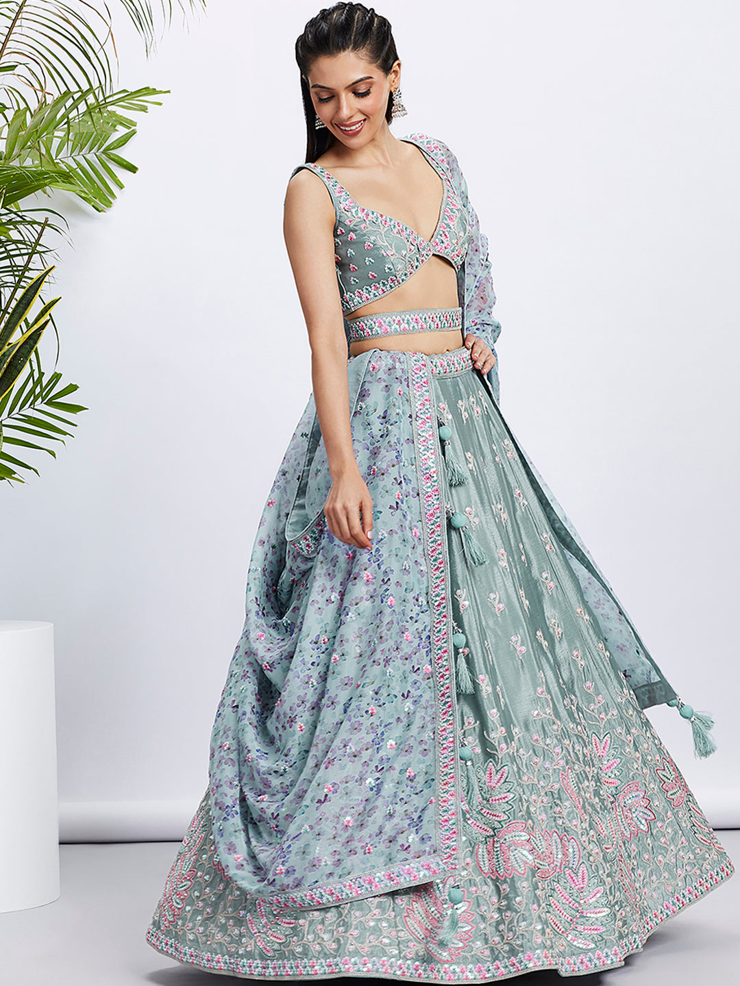 Lime Green Sequin Sparkle Lehenga Choli Set with Thread Embroidery ClothsVilla
