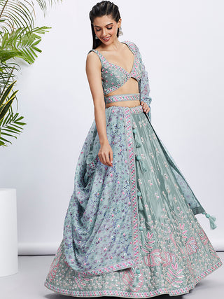 Lime Green Sequin Sparkle Lehenga Choli Set with Thread Embroidery ClothsVilla