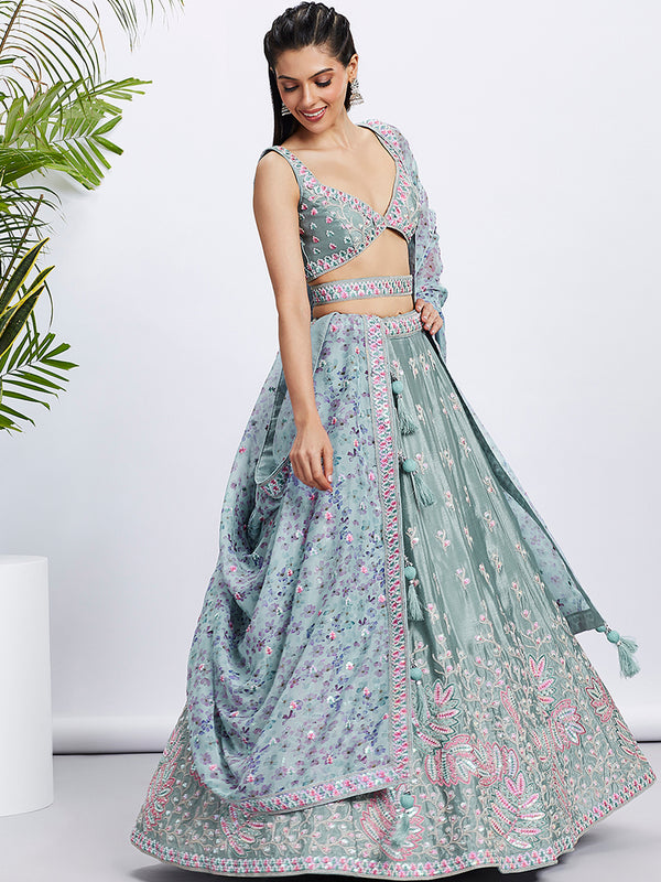 Lime Green Sequin Sparkle Lehenga Choli Set with Thread Embroidery ClothsVilla
