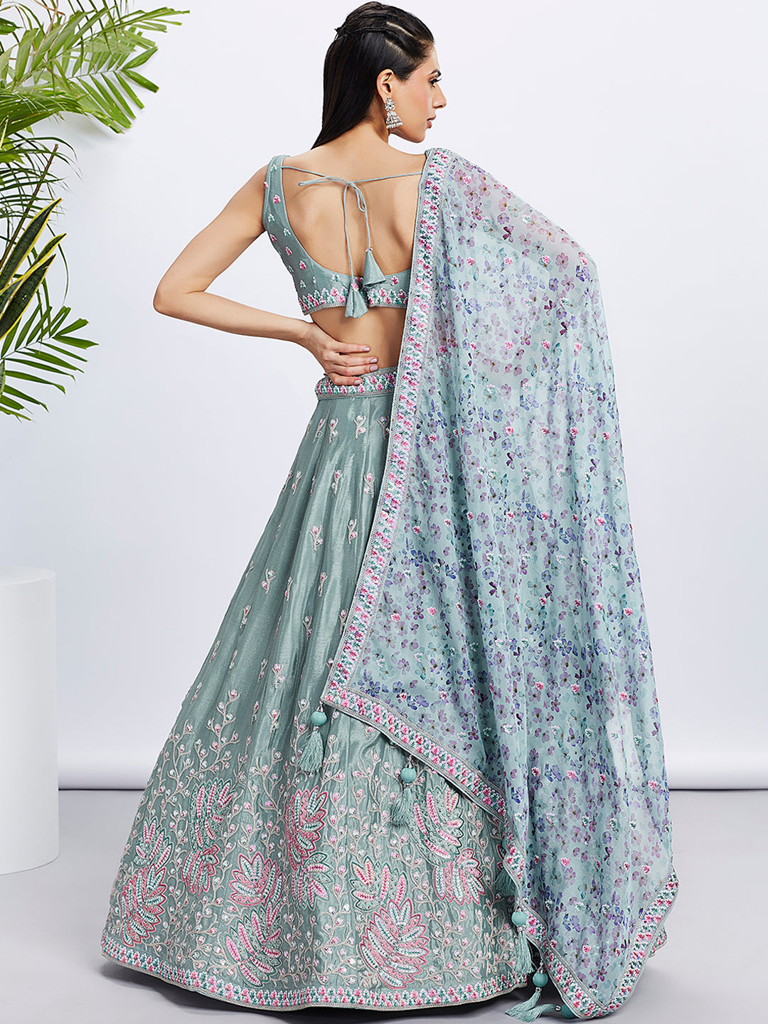 Lime Green Sequin Sparkle Lehenga Choli Set with Thread Embroidery ClothsVilla