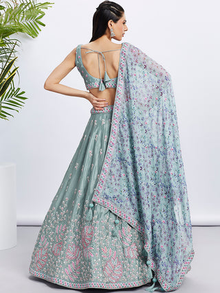 Lime Green Sequin Sparkle Lehenga Choli Set with Thread Embroidery ClothsVilla