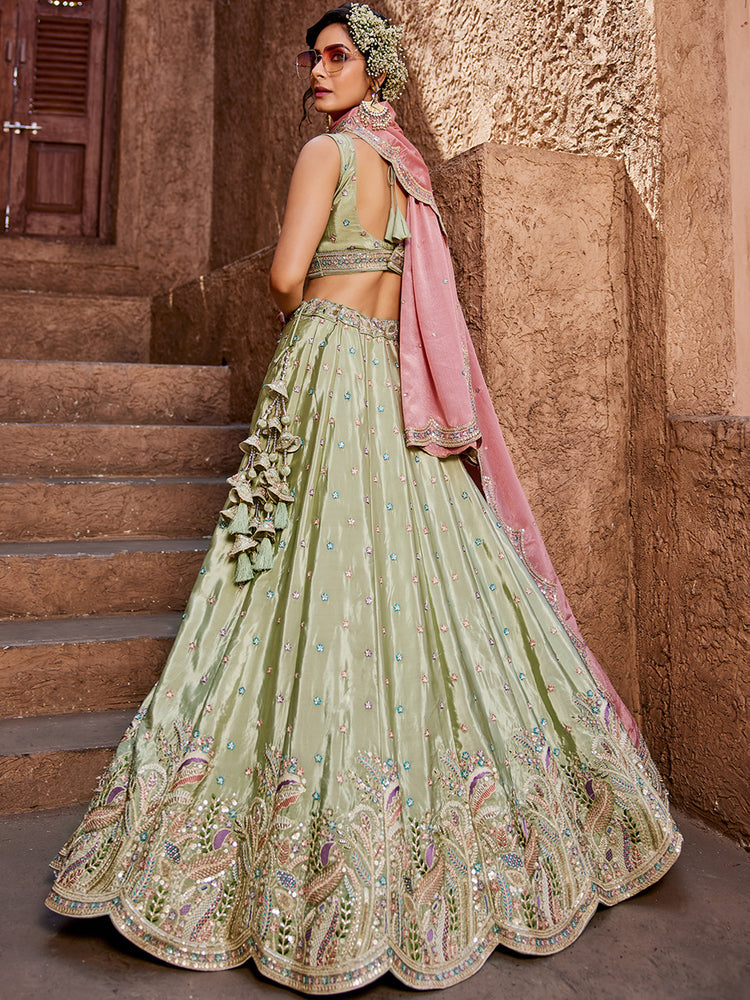 Lime Green Silk Semi-Stitched Lehenga Choli Set with Sequins & Thread Embroidery Clothsvilla