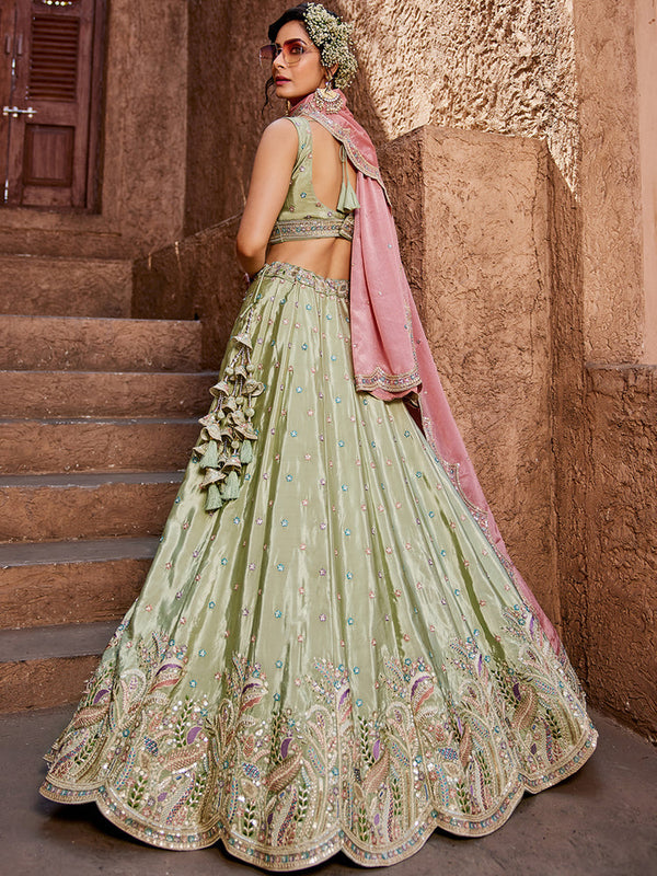 Lime Green Silk Semi-Stitched Lehenga Choli Set with Sequins & Thread Embroidery Clothsvilla