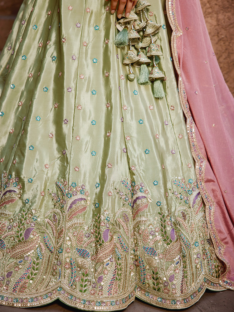 Lime Green Silk Semi-Stitched Lehenga Choli Set with Sequins & Thread Embroidery Clothsvilla